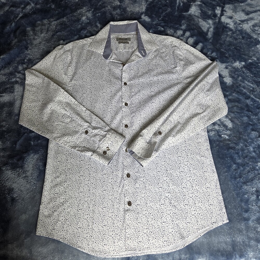Kenneth Cole Reaction Men's M Slim Fit White Navy Print Dress Shirt